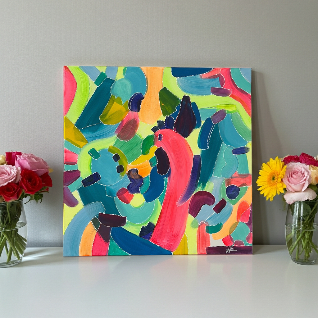 Colorful abstract painting on a white surface with flowers on either side.