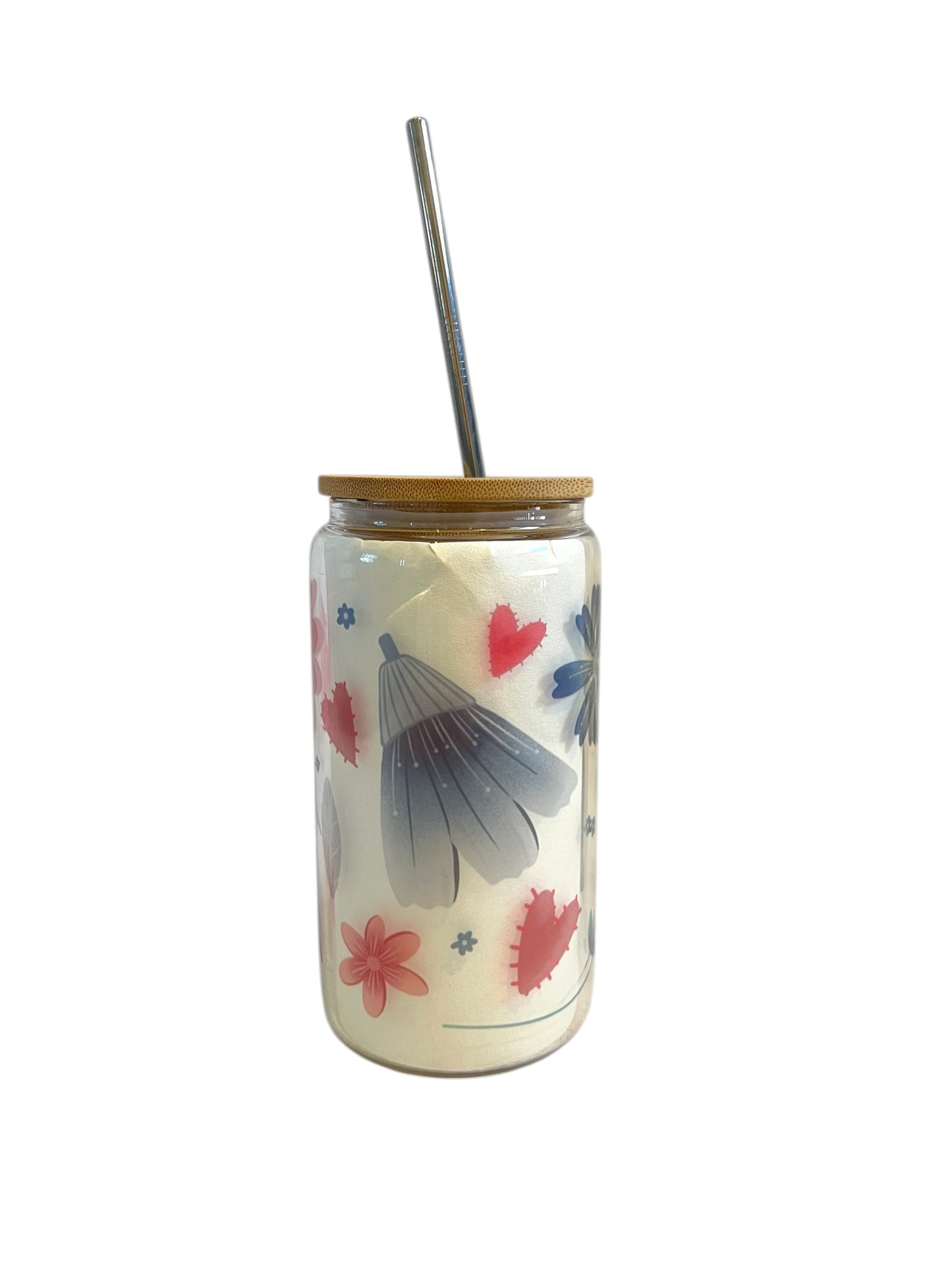Glass Can Tumbler with Bamboo Lid - Floral Hearts
