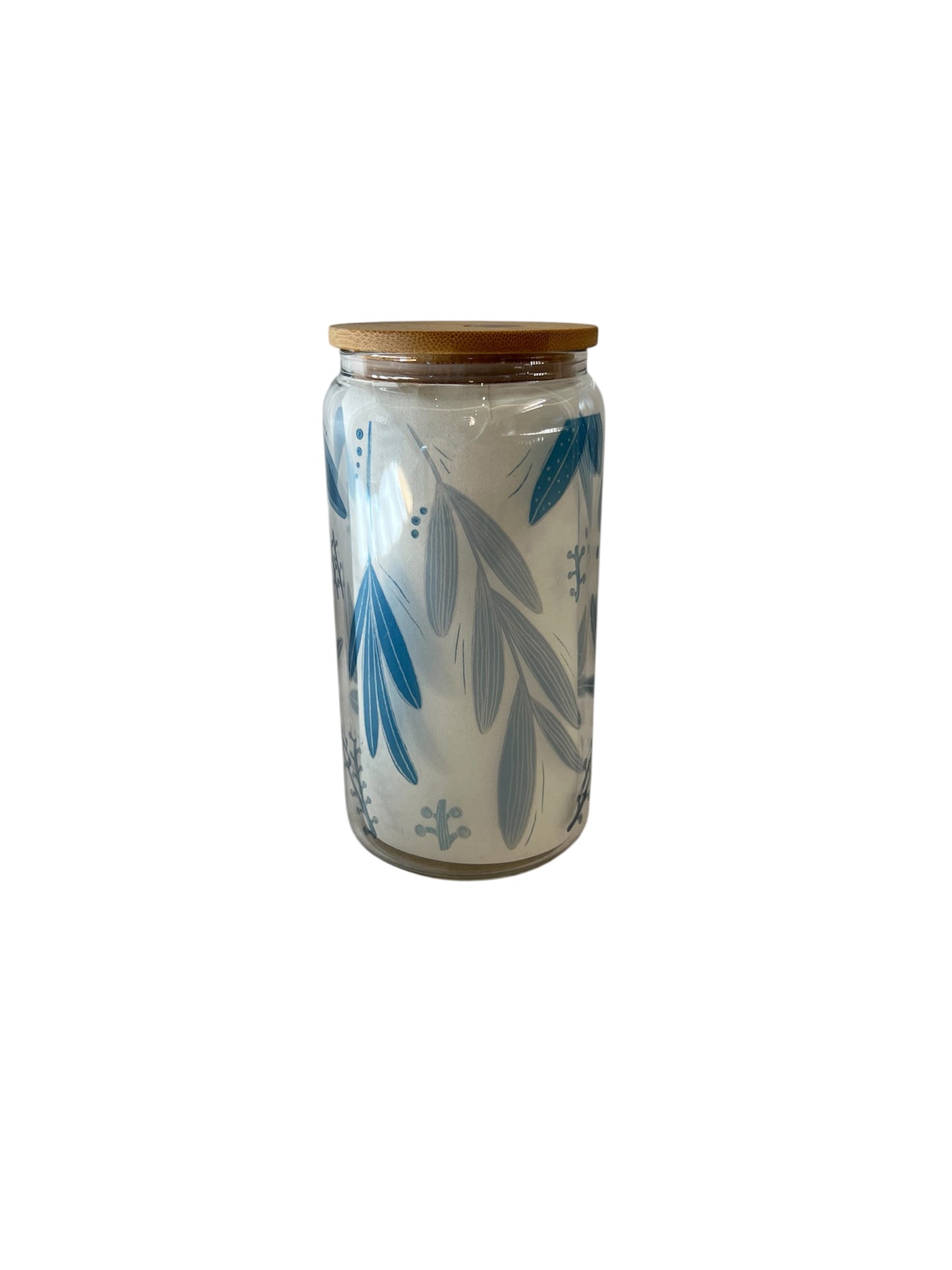 Glass Can Tumbler with Bamboo Lid - Leaves