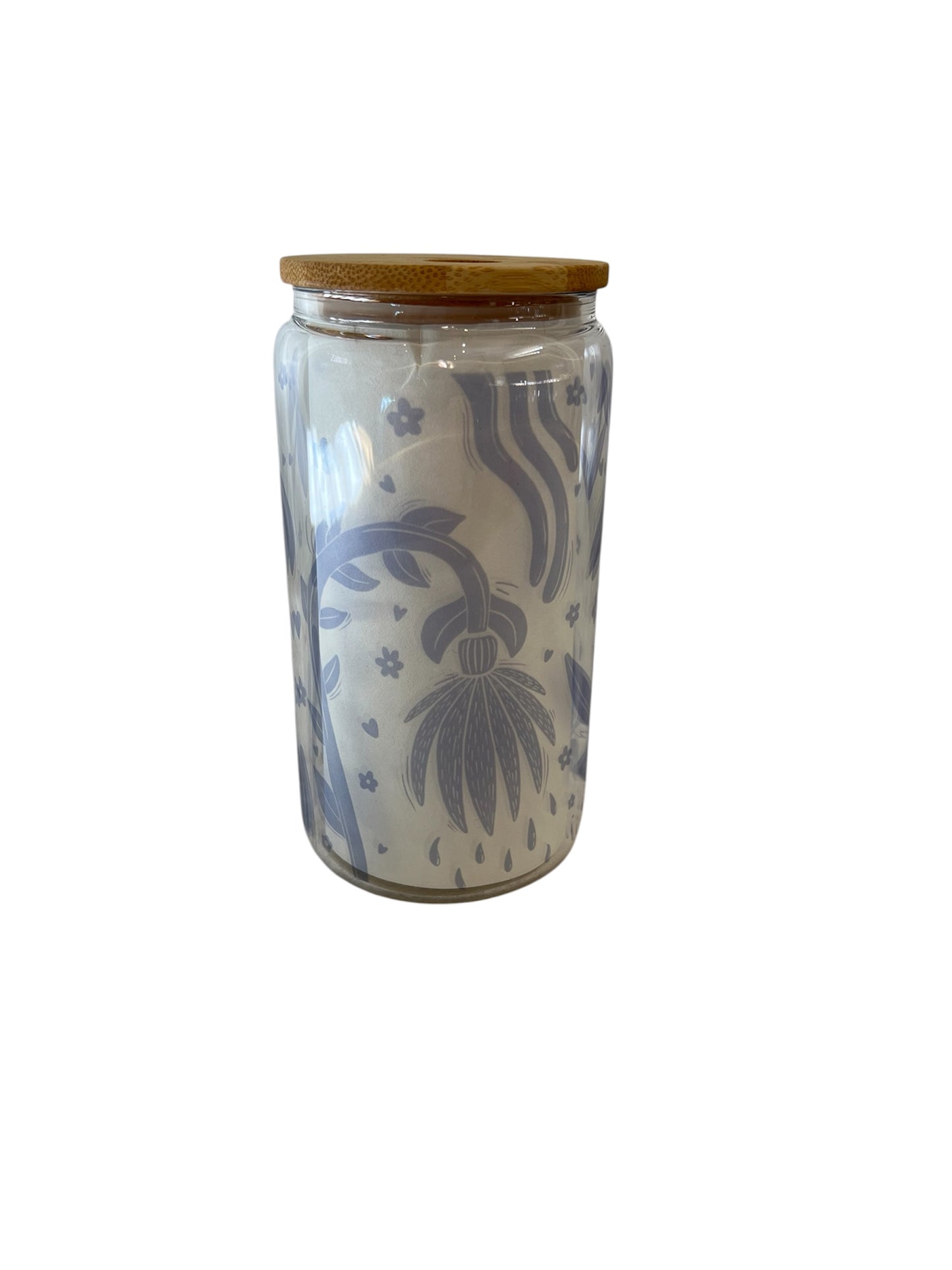 Glass Can Tumbler with Bamboo Lid - Blue leaf