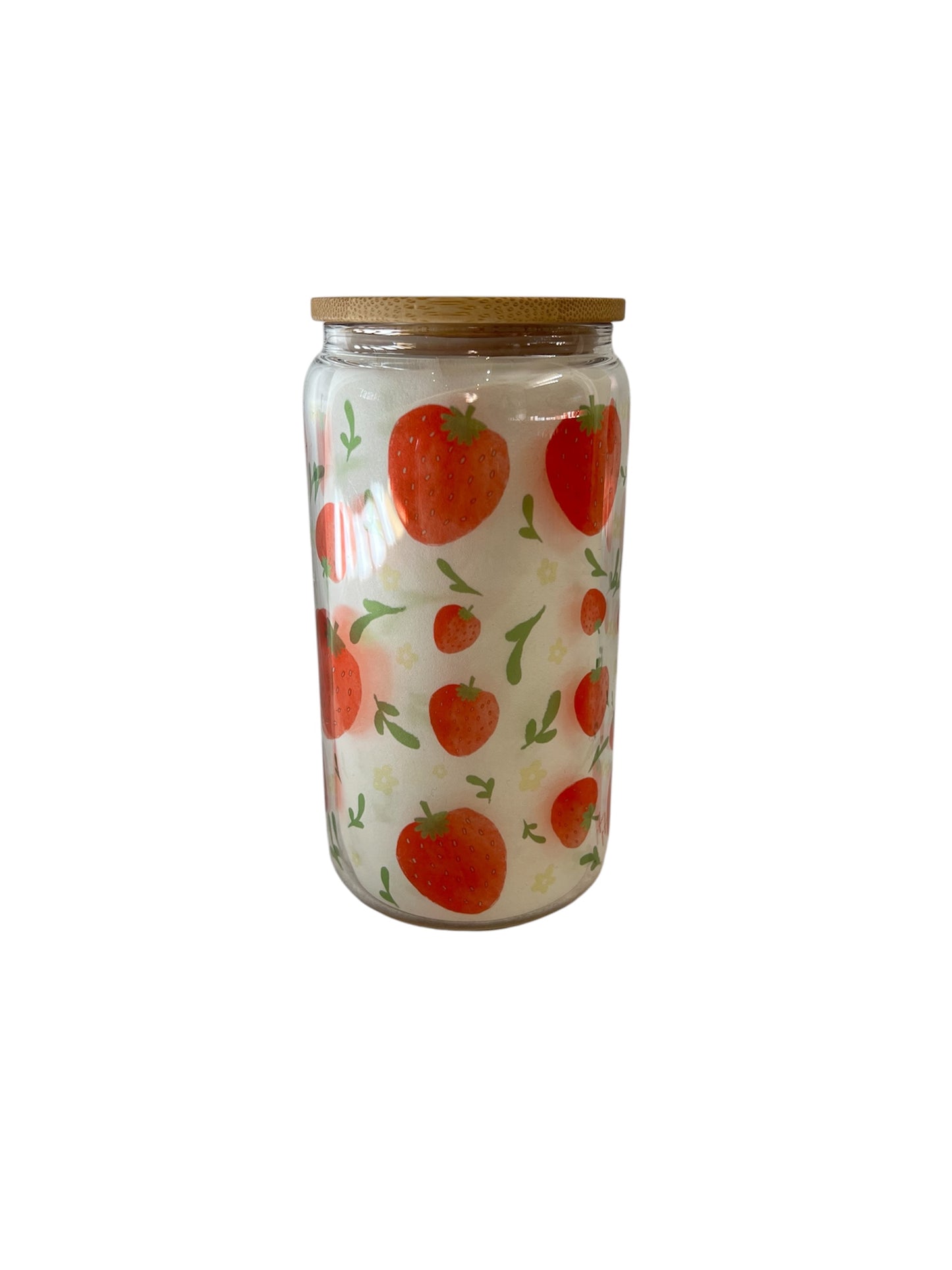 Glass Can Tumbler with Bamboo Lid - Strawberries