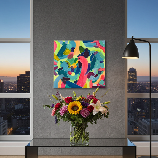 Colorful abstract painting on a wall with a vase of flowers below, in a room with cityscape views.