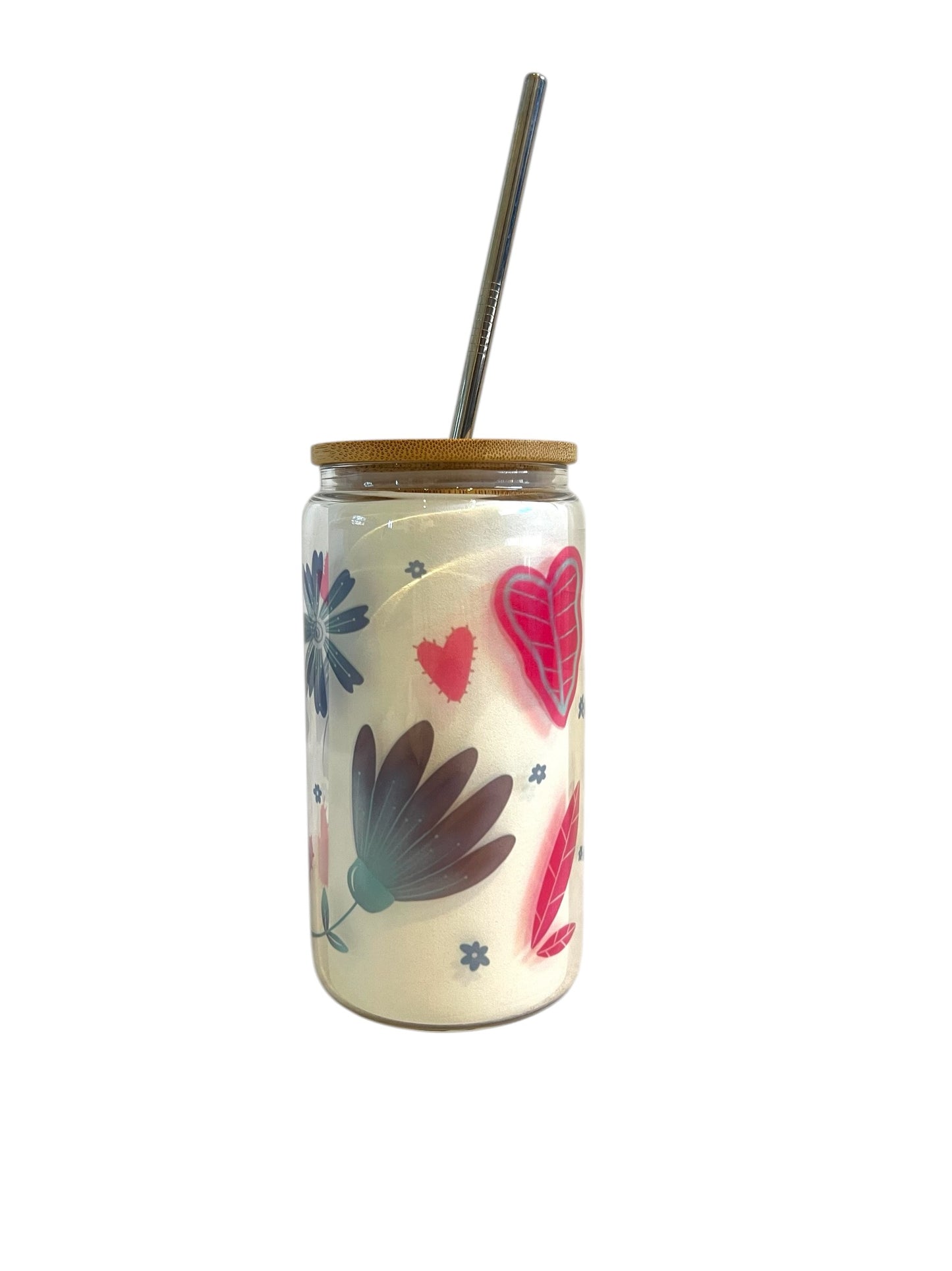 Glass Can Tumbler with Bamboo Lid - Floral Hearts