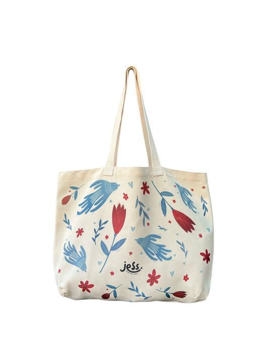Large Canvas Tote Bag - Wildflower and Bird