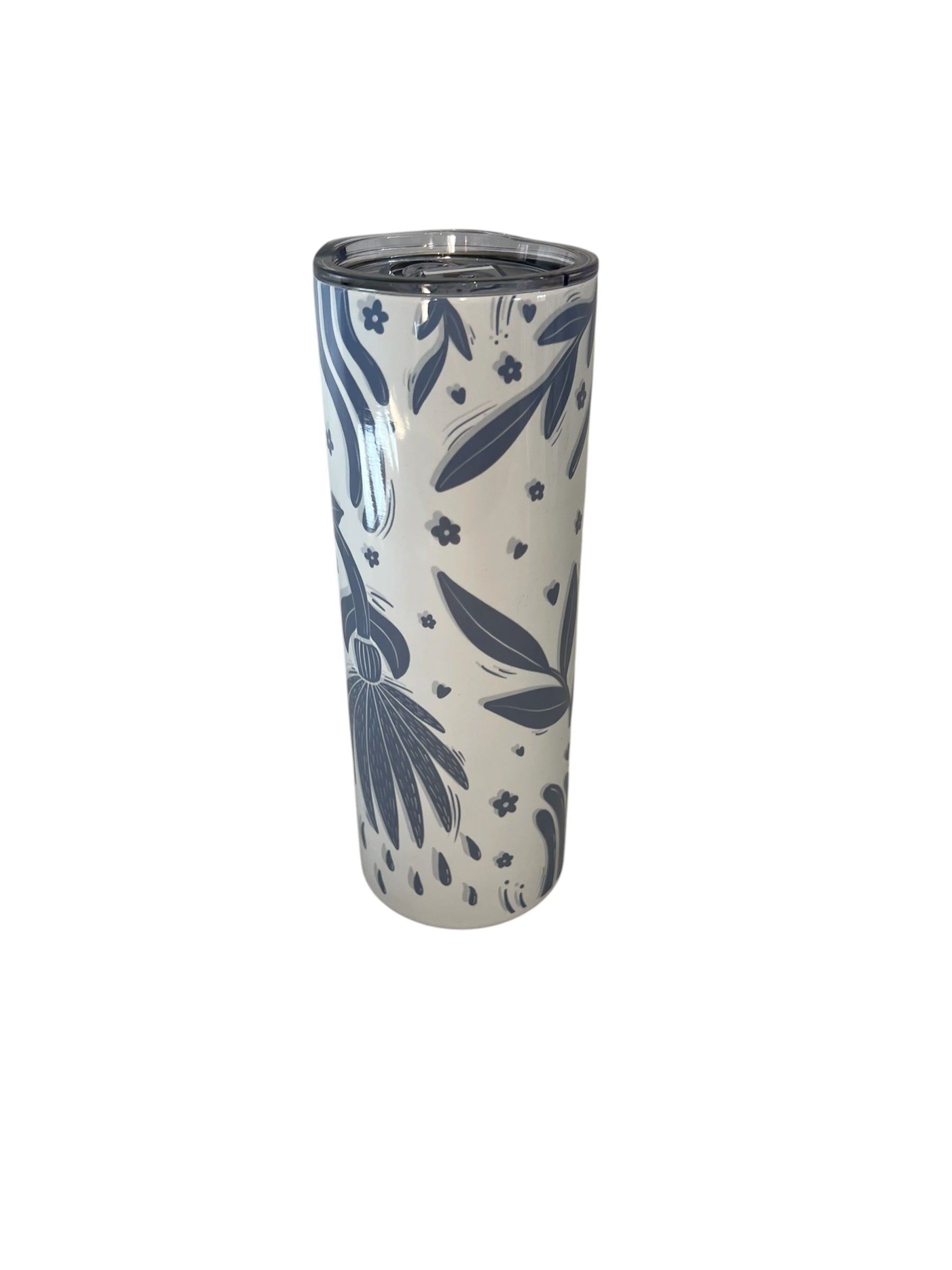 Tumbler with blue floral pattern on a white background