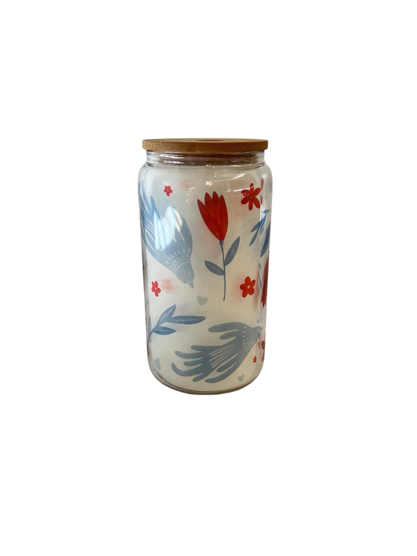 Glass Can Tumbler with Bamboo Lid - Wildflower and Bird