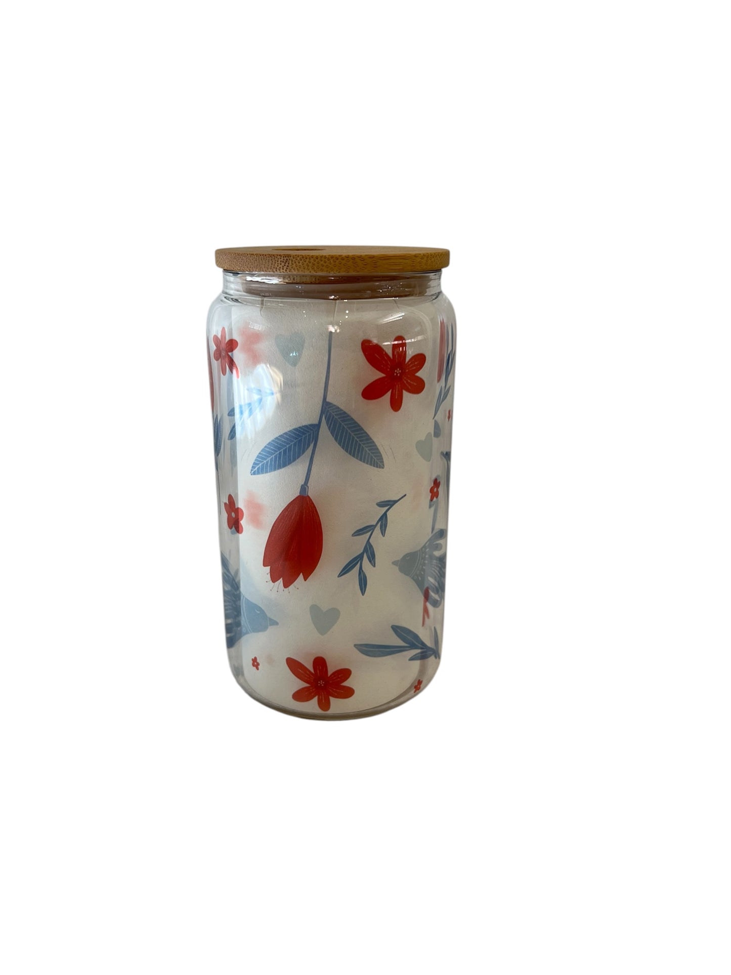 Glass Can Tumbler with Bamboo Lid - Wildflower and Bird