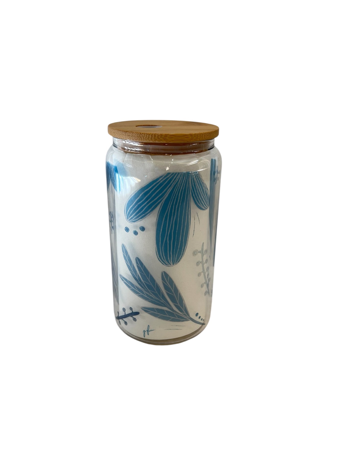 Glass Can Tumbler with Bamboo Lid - Leaves