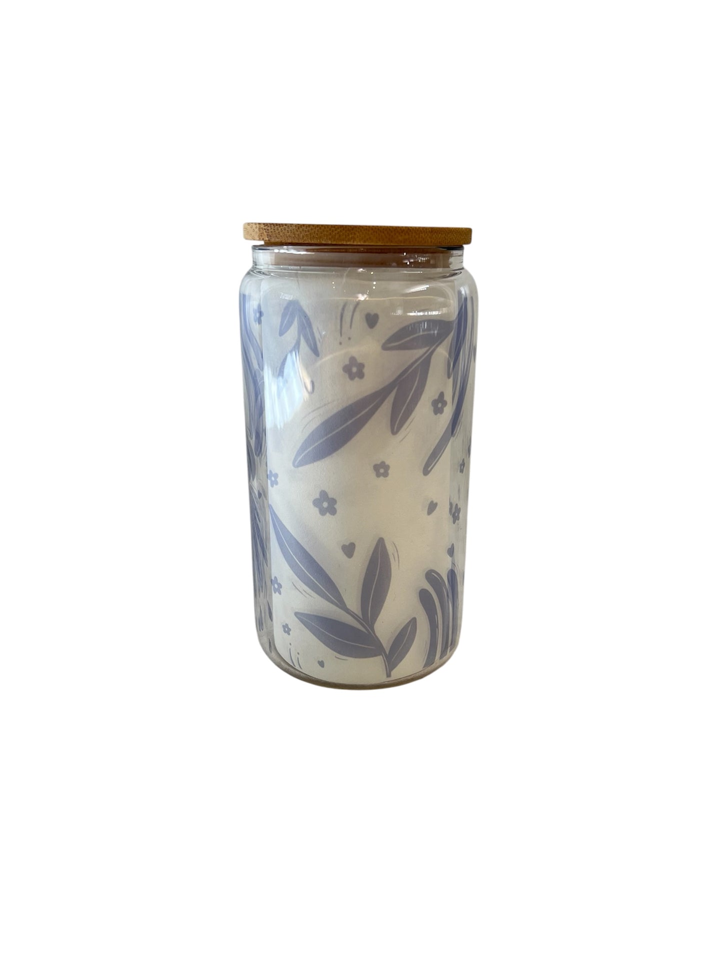 Glass Can Tumbler with Bamboo Lid - Blue leaf