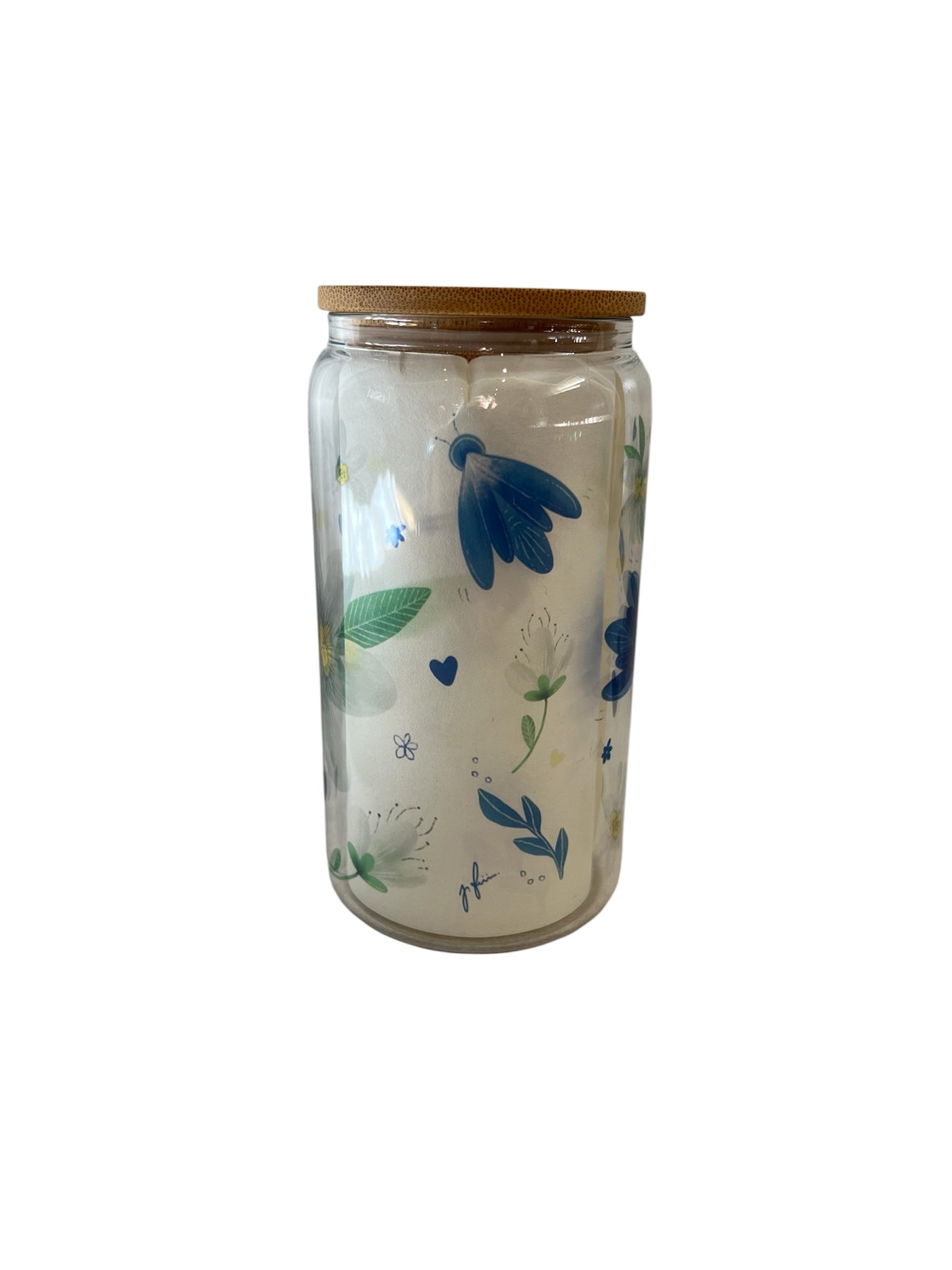 Glass Can Tumbler with Bamboo Lid - The Blue Fly & Wildflowers