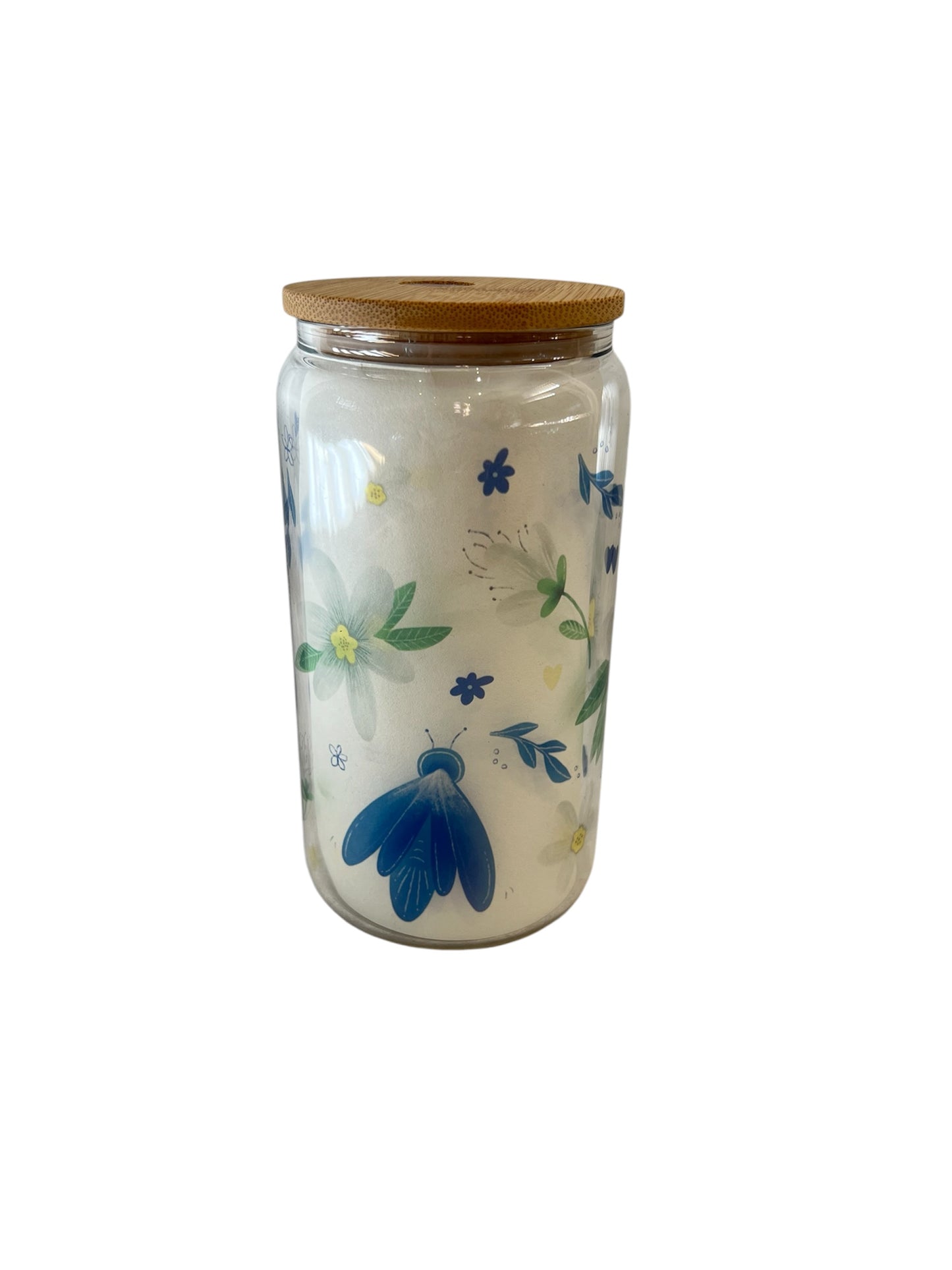 Glass Can Tumbler with Bamboo Lid - The Blue Fly & Wildflowers